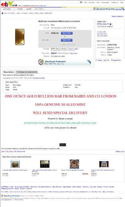 6657andrew eBay Listing Using our Baird & Co One Ounce Gold Bullion Bar Photograph